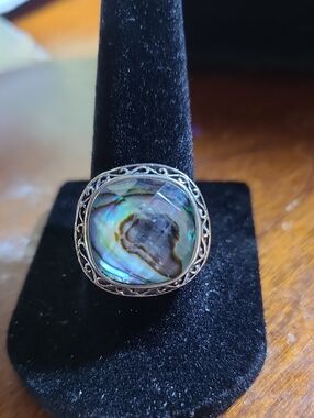 Abalone Shell Sterling-Style Mosaic Statement Ring - Iridescent Green/Blue